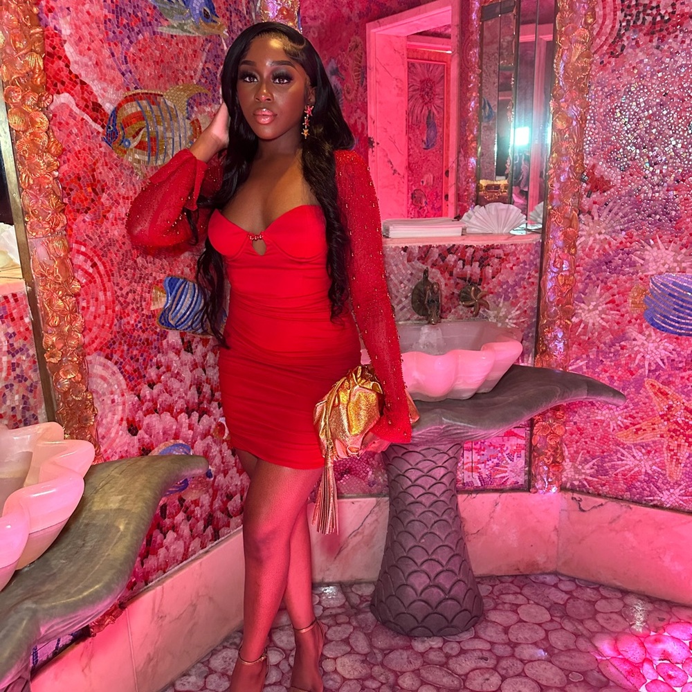 Oh Polly embellished long sleeve mini dress in red